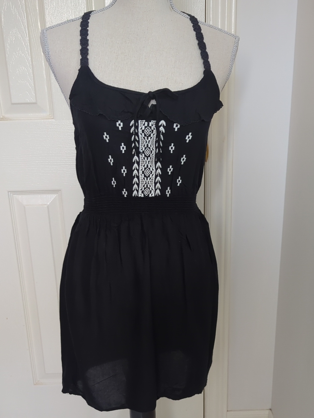 American Eagle Black Embroidered Sundress with Crochet Straps Size XS